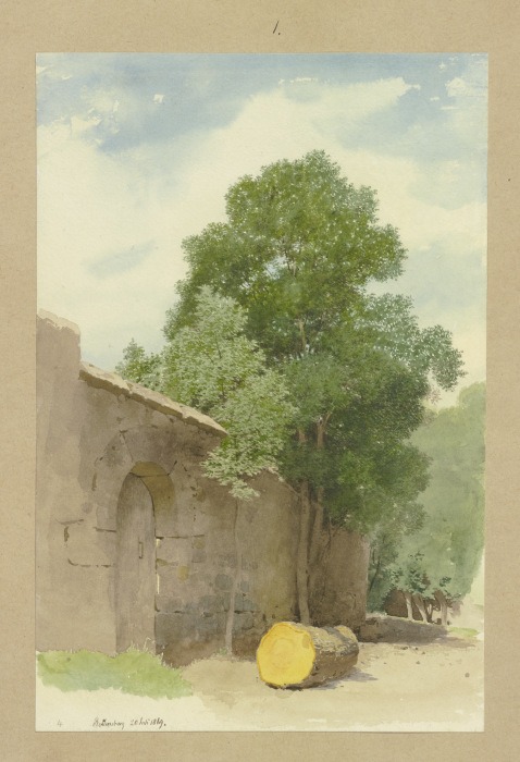 Abgesägter Baumstamm vor einer Mauer am Rothenburger Wildbad from Carl Theodor Reiffenstein