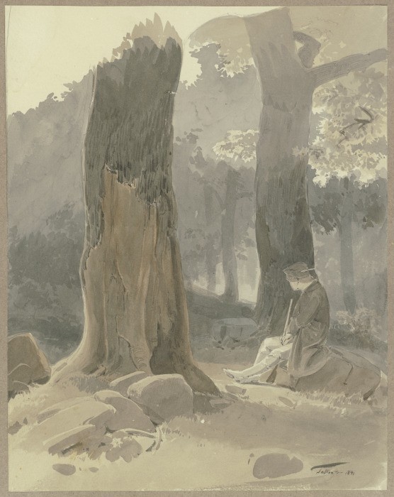 Jäger bei Königstein-Falkenstein auf einem Stein im Wald sitzend from Carl Theodor Reiffenstein