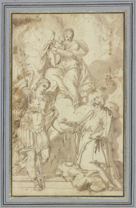 Madonna in Wolken, verehrt vom Erzengel Michael und dem Heiligen Petrus from Carlo Caliari