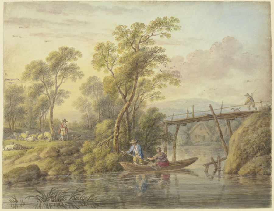 Landschaft mit einem Bach, über den eine hölzerne Brücke führt from Carl Philipp Schallhas