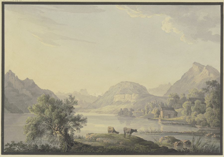 See im Gebirge, im Vordergrund bei einem Weidenbaum zwei Kühe from Carl Philipp Schallhas