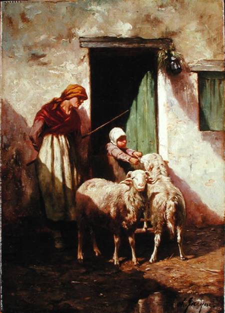 Shepherdess with a Child and Two Sheep from Charles Emile Jacques