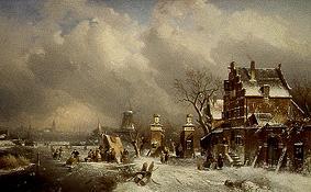 Winterliche Flußlandschaft mit Eisläufern, mit Wirtshaus und Mühle from Charles Henri Joseph Leickert