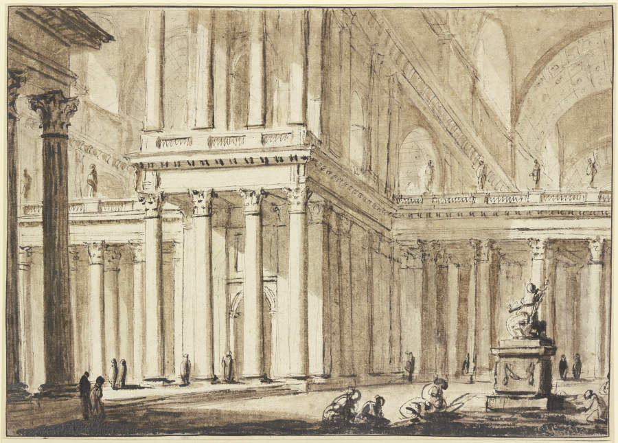 Grandiose Säulenhalle, rechts eine Statue vor welcher mehrere Menschen knien from Charles-Michel-Ange Challe
