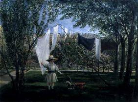 A Garden Scene, with a boy, the artist's son George Dunlop Leslie