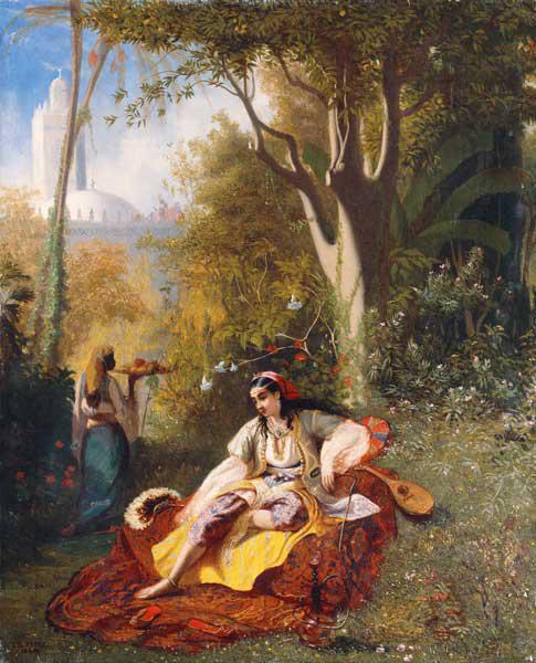 Eine Algerierin mit ihrer Bediensteten in einem Garten