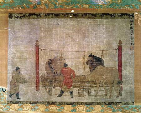 Hanging, depicting grooms feeding horses, ink and watercolour on silk, attributed to Jen Jen-Far from Chinese