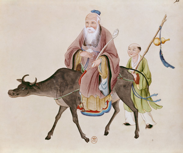 Lao-Tzu (c.604-531) on his buffalo, followed by a disciple  on from Chinese School