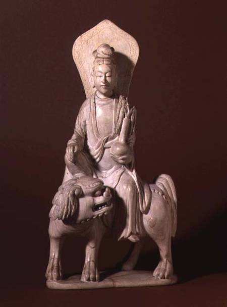 Figure of the Bodhisattva Guanyin, holding a vase with a willow twig and sitting on a Buddhist lion, from Chinese School