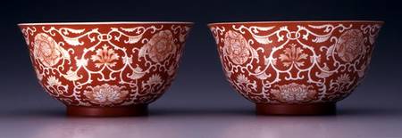 Pair of Bowls with lotus and hibiscus flowers from Chinese School