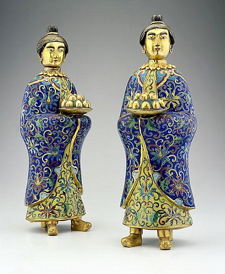 Pair of female attendants, Qianlong period, 1736-95 (cloisonne enamel) from Chinese School