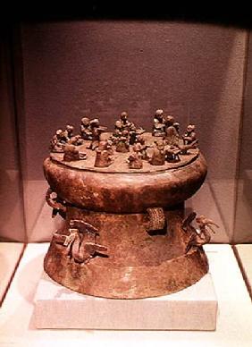 Cowrie container decorated with peacocks and human figures, from Tomb 1, Shih-chai-shan, Yunnan, Wes