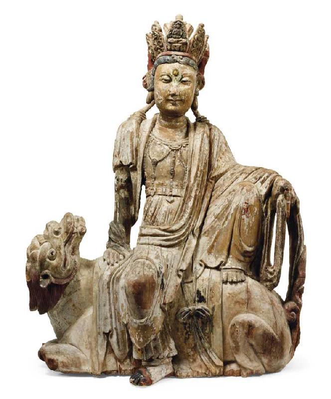 Chinesische Holzfigur von Manjusri, Bodhisattwa der Weisheit, Yuan/Ming Dynastie (1279-1644), auf ei from Chinesisch