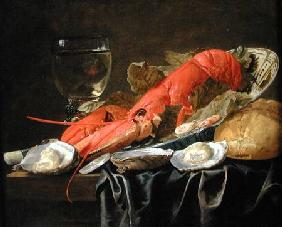 Still life with lobster, shrimp, roemer, oysters and bread