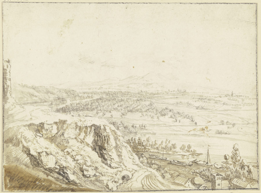Blick von einer Anhöhe über ein Flusstal auf ferne Berge, im Vordergrund eine Ortschaft, Schleppkähn from Christian Georg Schütz d. Ä.