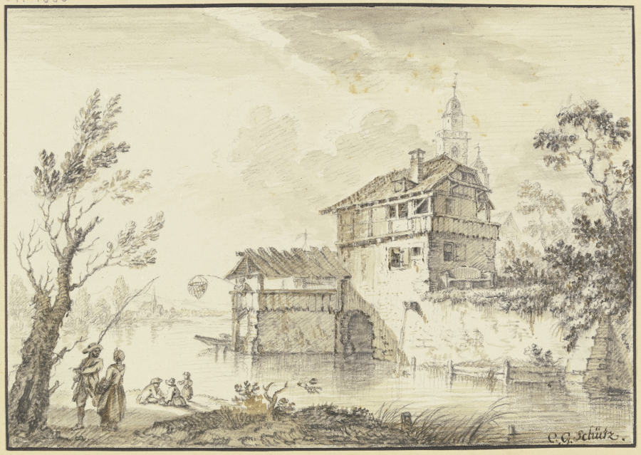 Häuser an einem Wasser, von einem Vorbau aus fischt ein Mann mit einem Netz, links an einem Baum ein from Christian Georg Schütz d. Ä.