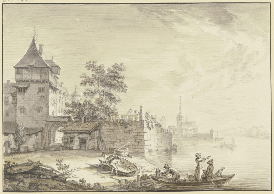 Stadttor bei einem Turm am Wasser (Oestrich), vorne ein Kahn mit drei Personen und einem Hund from Christian Georg Schütz d. Ä.