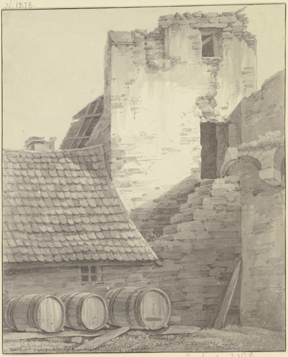 Haus an einer Stadtmauer mit Turm und Treppe, im Vordergrund drei liegende Fässer from Christian Georg Schutz