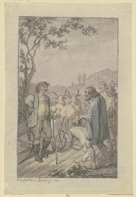 Einem pflügenden Mann mit einem Ochsengespann nähert sich eine Gruppe von barhäuptigen Männern, bei 