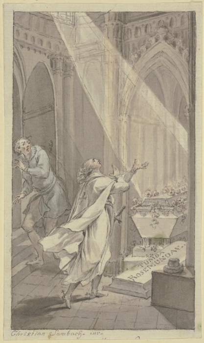 Zwei Männer in einer mittelalterlichen Gruft an einem Sarg from Christian Sambach
