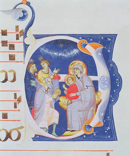 Ms 561 f.37r Historiated initial 'O' depicting the Adoration of the Magi, from a gradual from the Mo from giovanni Cimabue