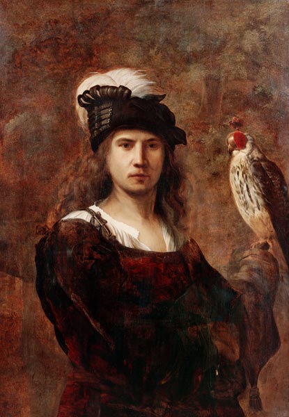 A falconer, standing half length, in a feathered hat from (circle of) Rembrandt Harmensz. van Rijn