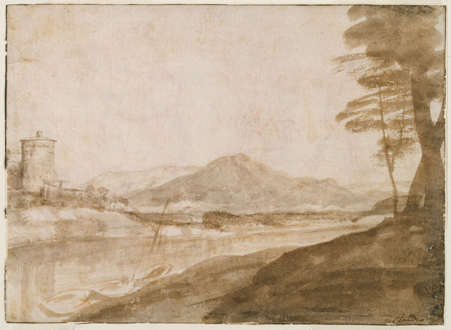 Ansicht des Tiber mit einem Turm am gegenüberliegenden Ufer from Claude Lorrain