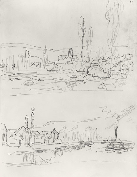 Two Sketches: Vetheuil from L'Ile St-Martin and Tugboat on the Seine before Lavacourt from Claude Monet
