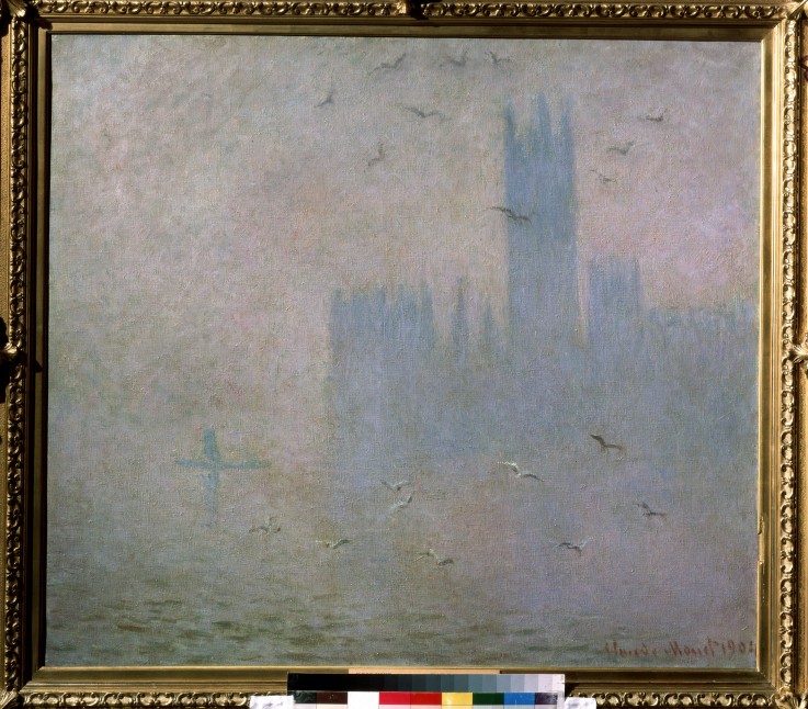 Seagulls. The Thames in London. The Houses of Parliament from Claude Monet
