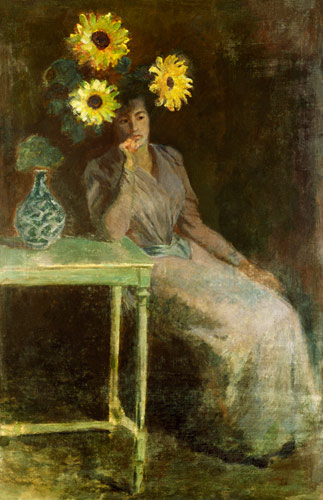 Sitzende Frau neben einer Vase mit Sonnenblumen from Claude Monet