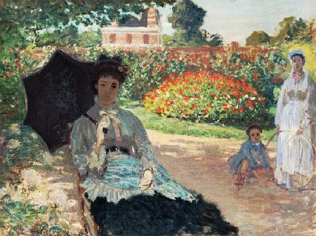Camille Monet mit Sohn und Kindermädchen im Garten