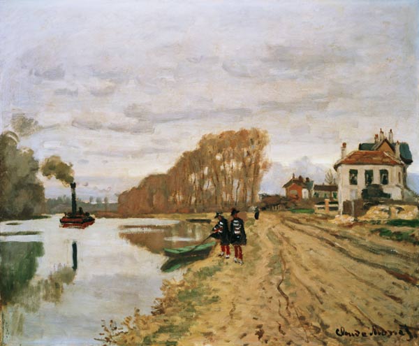 Zwei Voltigeure beim Spaziergang an einem Fluss-Ufer from Claude Monet