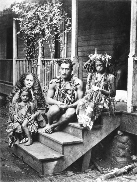 Tahitian family, illustration from ''Tahiti'', published in London, 1882 (b/w photo)  from Colonel Stuart-Wortley