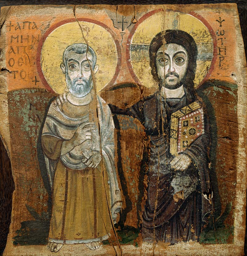 Icon depicting Abbott Mena with Christ, from Baouit from Coptic