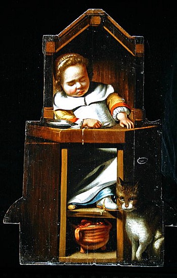 Dummy board depicting a boy asleep in a high chair from Cornelis Bisschop
