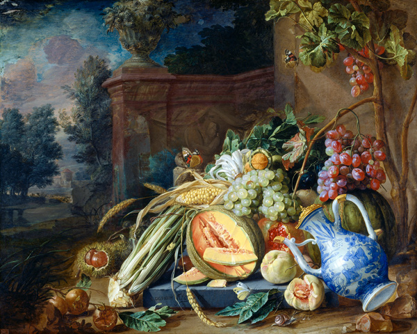 Stillleben mit Gemüse und Früchten vor einer Gartenbalustrade from Cornelis de Heem