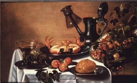 Still life of fruit with crab, overturned roehmer on spout of jug from Cornelis Kruys