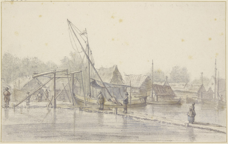 Schleusentor an einem Damm, auf dem Kanal viele Schiffe from Cornelis Saftleven