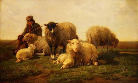 A Shepherd with Sheep and Lambs from Cornelis van Leemputten