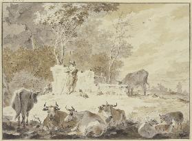 An altem Gemäuer steht links ein Hirte mit seinem Hund, umgeben von verschiedenem Vieh
