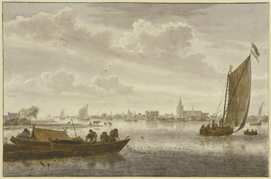 Ein Fluss, belebt mit Schiffen und Schiffern, dabei ein Städtchen from Cornelis van Noorde