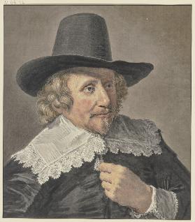 Junger Mann mit kurzem Barte, den Hut auf dem Kopfe, die Hand auf der Brust, nach rechts