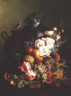 Still Life of Fruits and Flowers in a Wicker Basket on a Ledge.