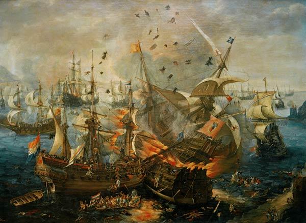 Die Explosion des Spanischen Admiralschiffes während der Seeschlacht von Gibraltar am 25. April 1607