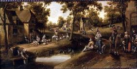 A Village Scene with Peasants on Banks of a Stream