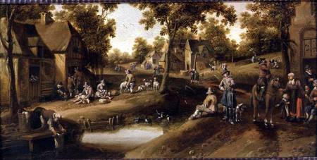 A Village Scene with Peasants on Banks of a Stream from Cornelius Droochsloot