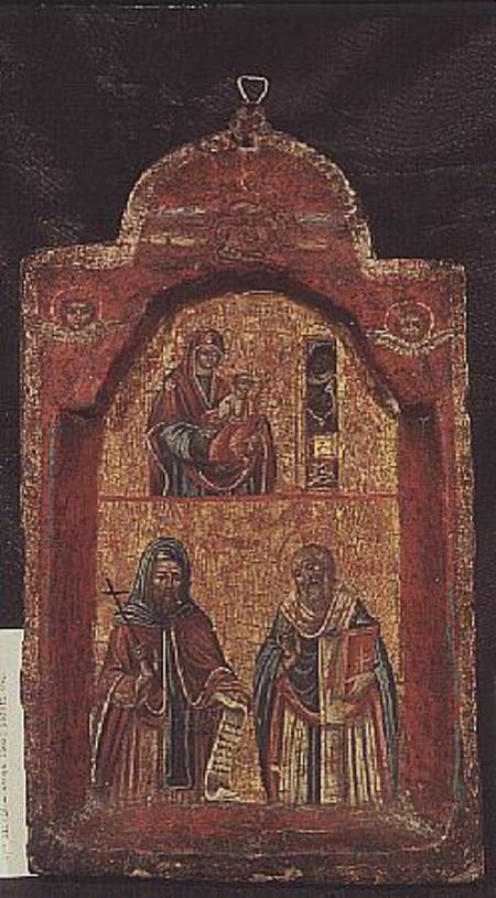 Two-tiered icon of the Virgin and Child and two Saints from Cretan School