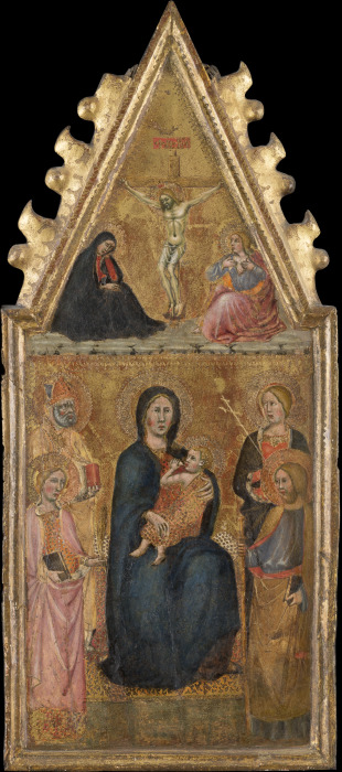 Thronende Madonna mit Kind und vier Heiligen, darüber Kreuzigung mit Maria und Johannes Ev. from Cristoforo di Bindoccio