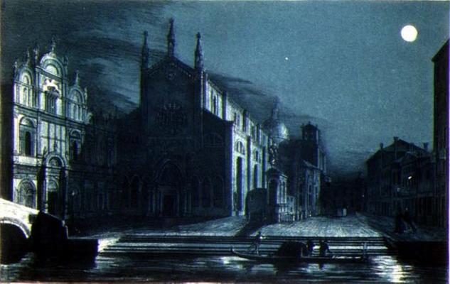 Nocturnal Scene of the Church of SS. Giovanni and Paolo, Venice, engraved by Brizeghel (litho) from Dalda