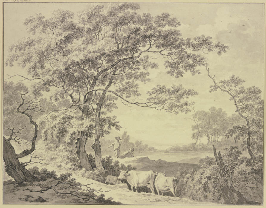 An einem von Wald umgebenem Teich, Hirte und Hirtin mit zwei Kühen und einer Ziege from Daniël Dupré